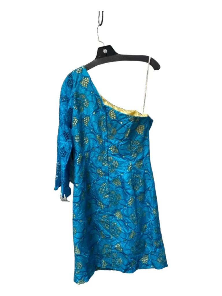 Lily Pulitzer Size 10 Teal & Yellow Silk One Shoulder Overlay Embroidered Dress