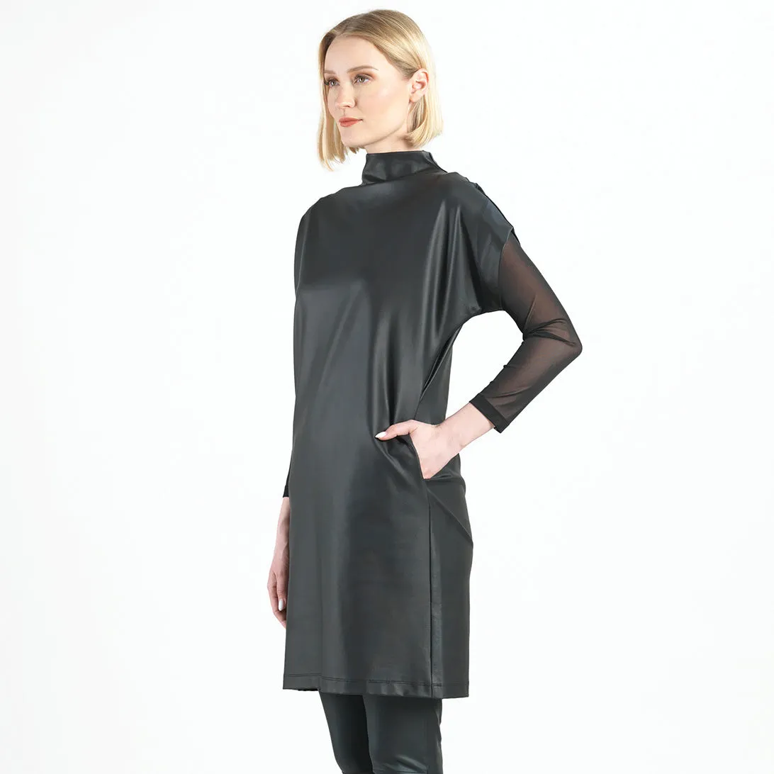 Liquid Leather - High Neck Tunic Pocket Dress - Black - Limited Sizes!