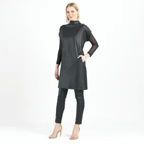 Liquid Leather - High Neck Tunic Pocket Dress - Black - Limited Sizes!