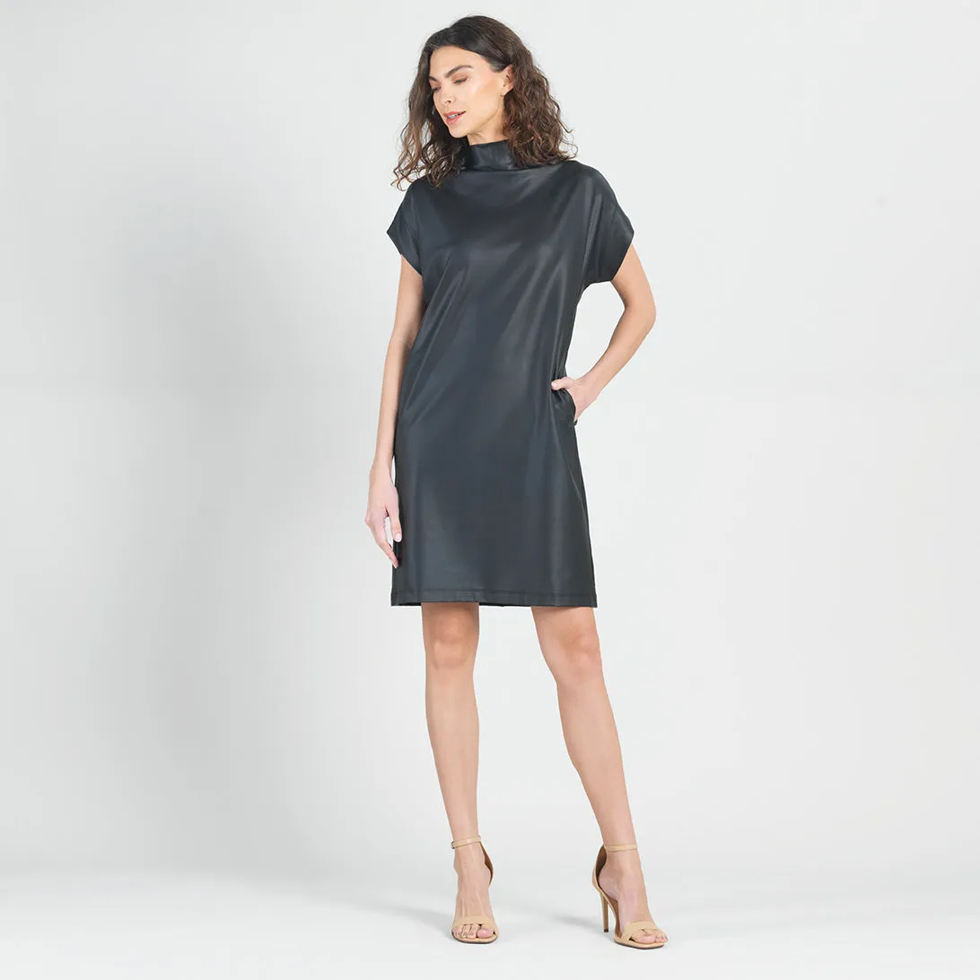 Liquid Leather - High Neck Tunic Pocket Dress - Black - Limited Sizes!