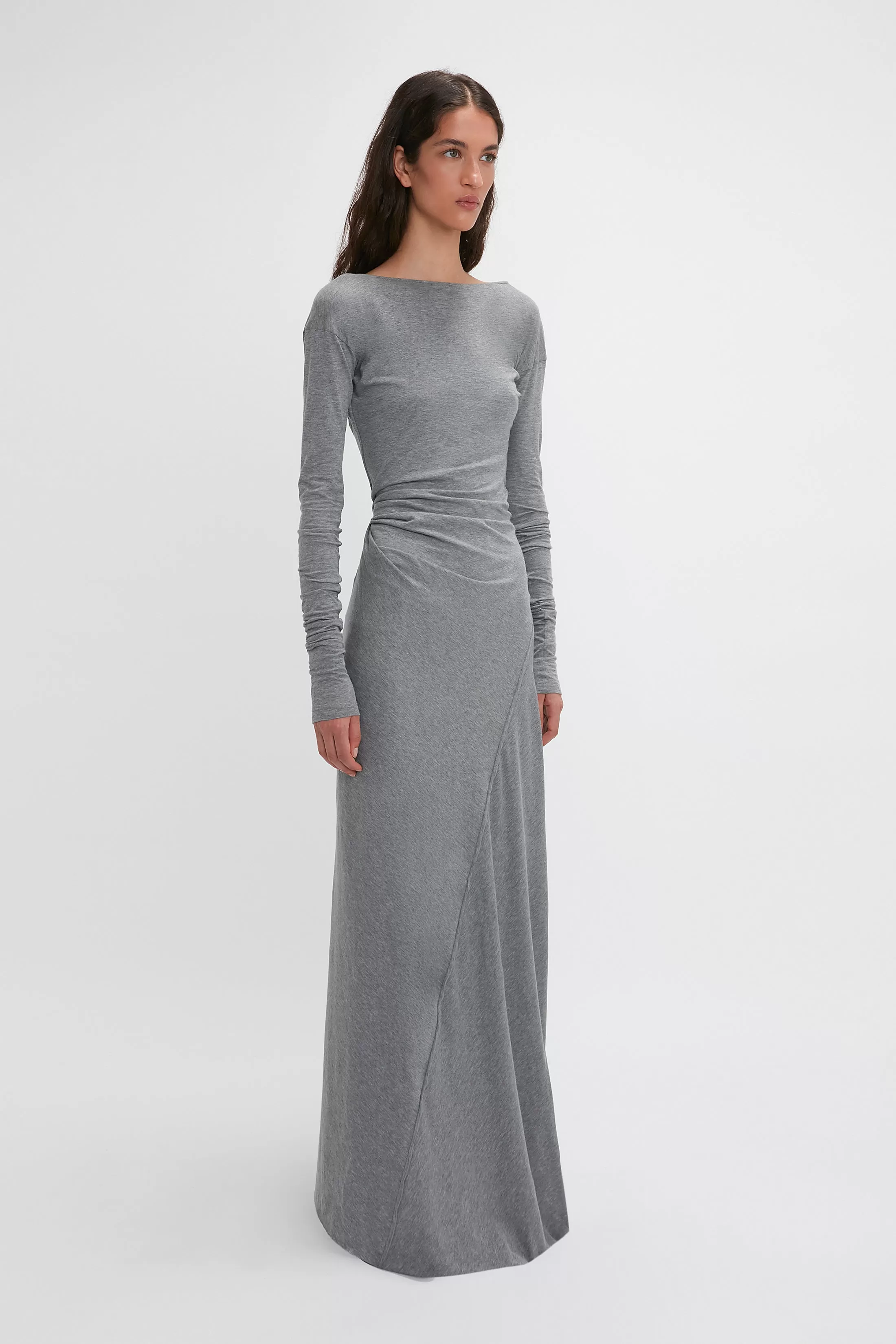 Long Sleeve Circle Neck Dress In Grey Marl