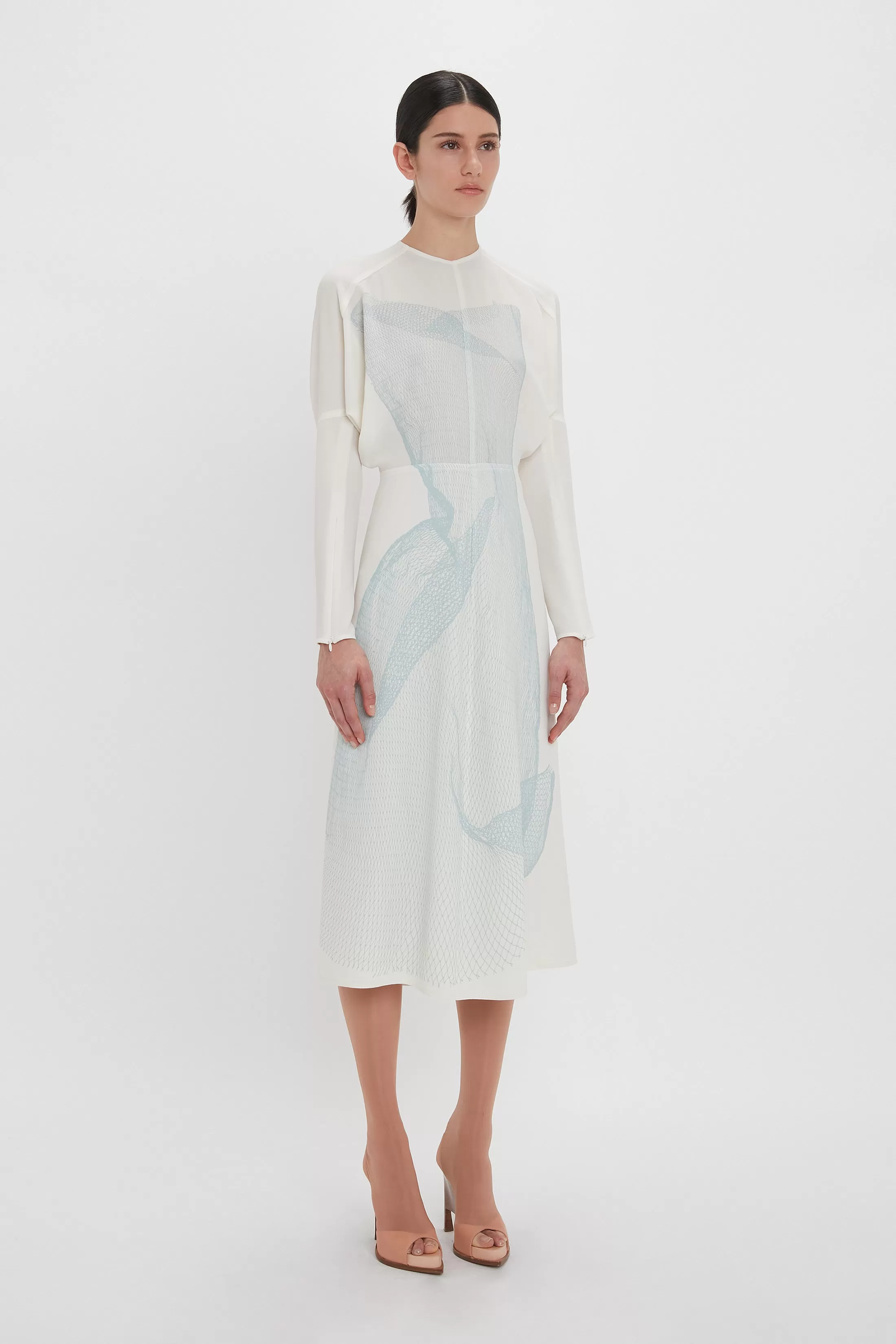 Long Sleeve Dolman Midi Dress In White-Blue Contorted Net