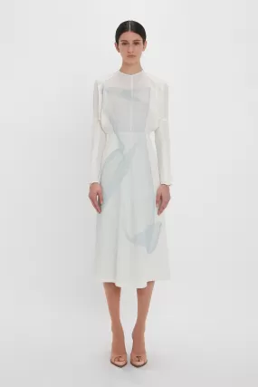 Long Sleeve Dolman Midi Dress In White-Blue Contorted Net