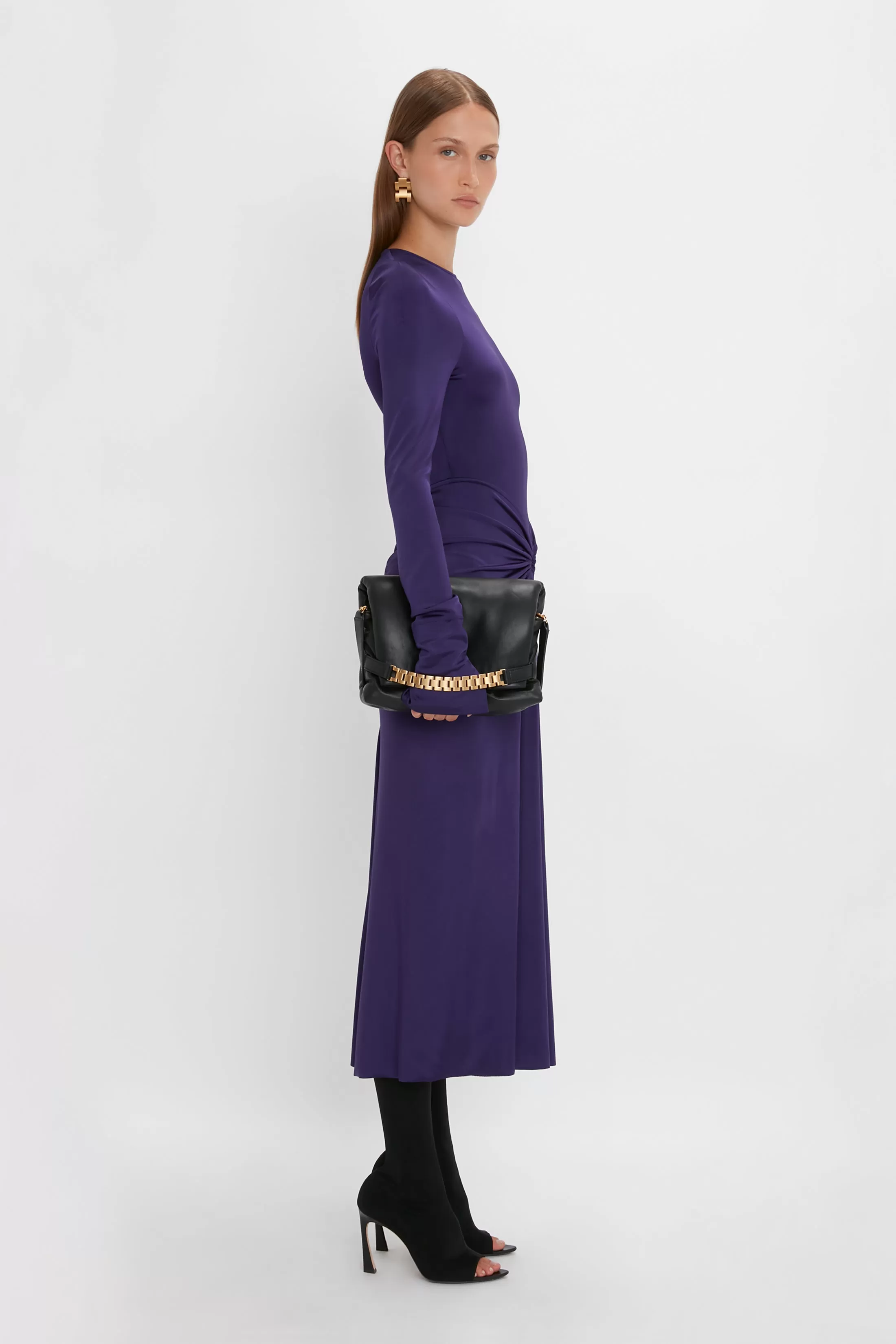 Long Sleeve Gathered Midi Dress In Ultraviolet