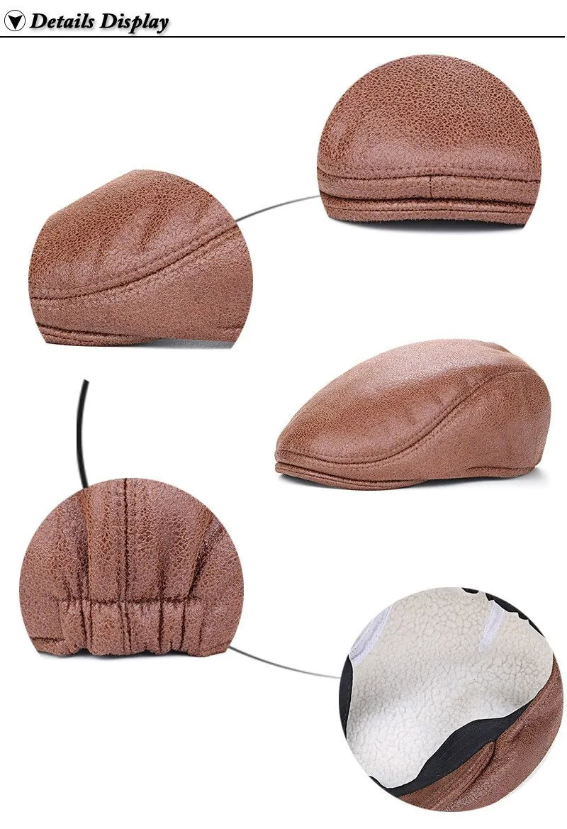 Men's Casual Peaked Caps Plain Solid Pattern Beret Hats with Fur