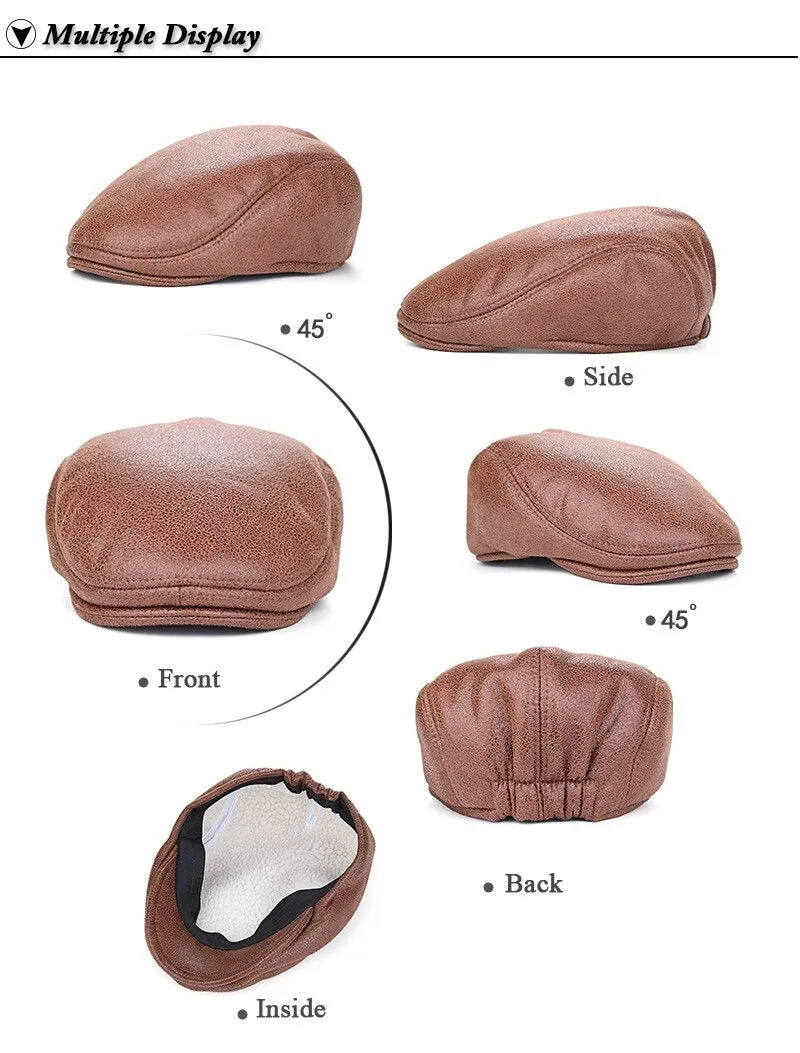 Men's Casual Peaked Caps Plain Solid Pattern Beret Hats with Fur