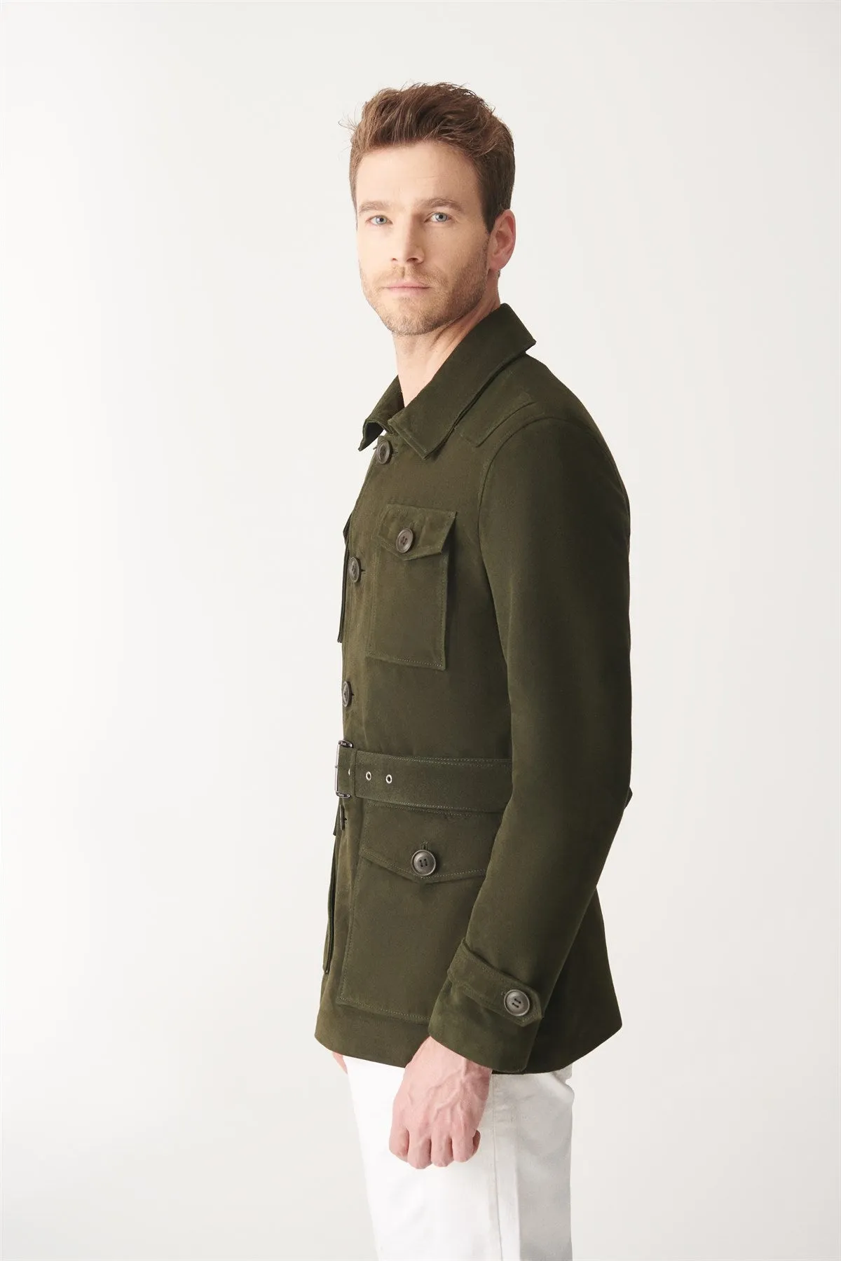 Men’s Green Suede Leather Trucker Coat