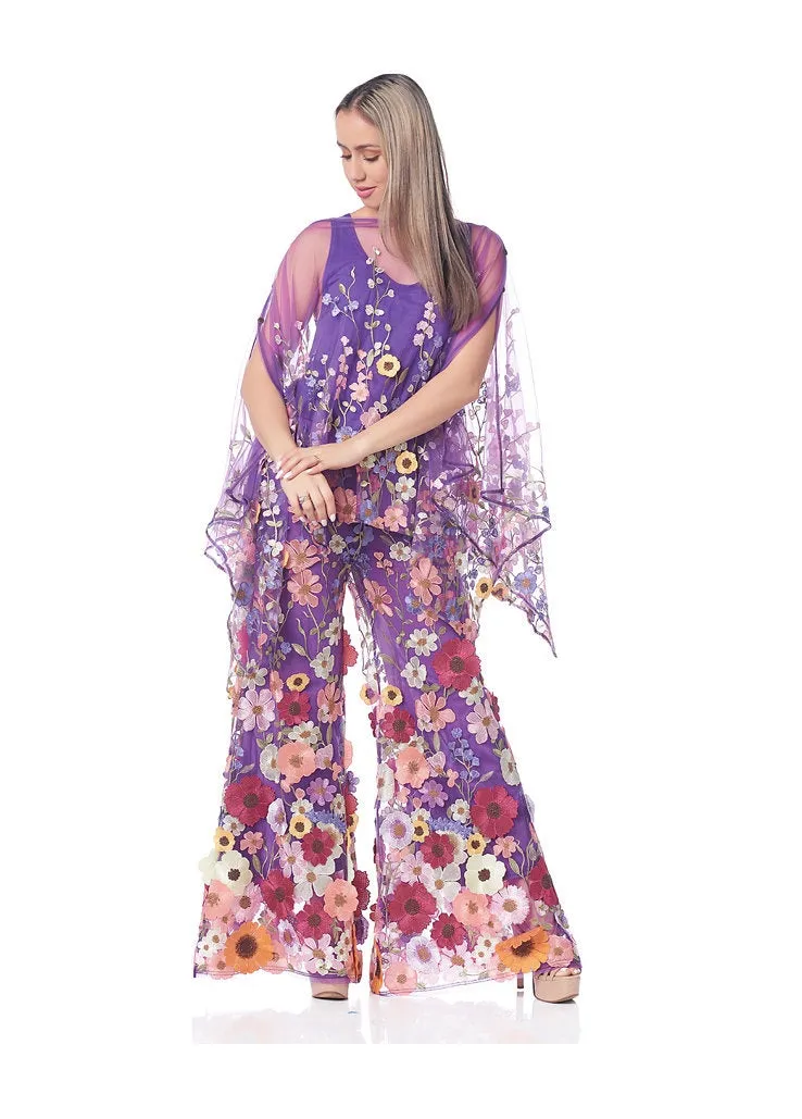 Mesh Floral Scarf Pant Suit