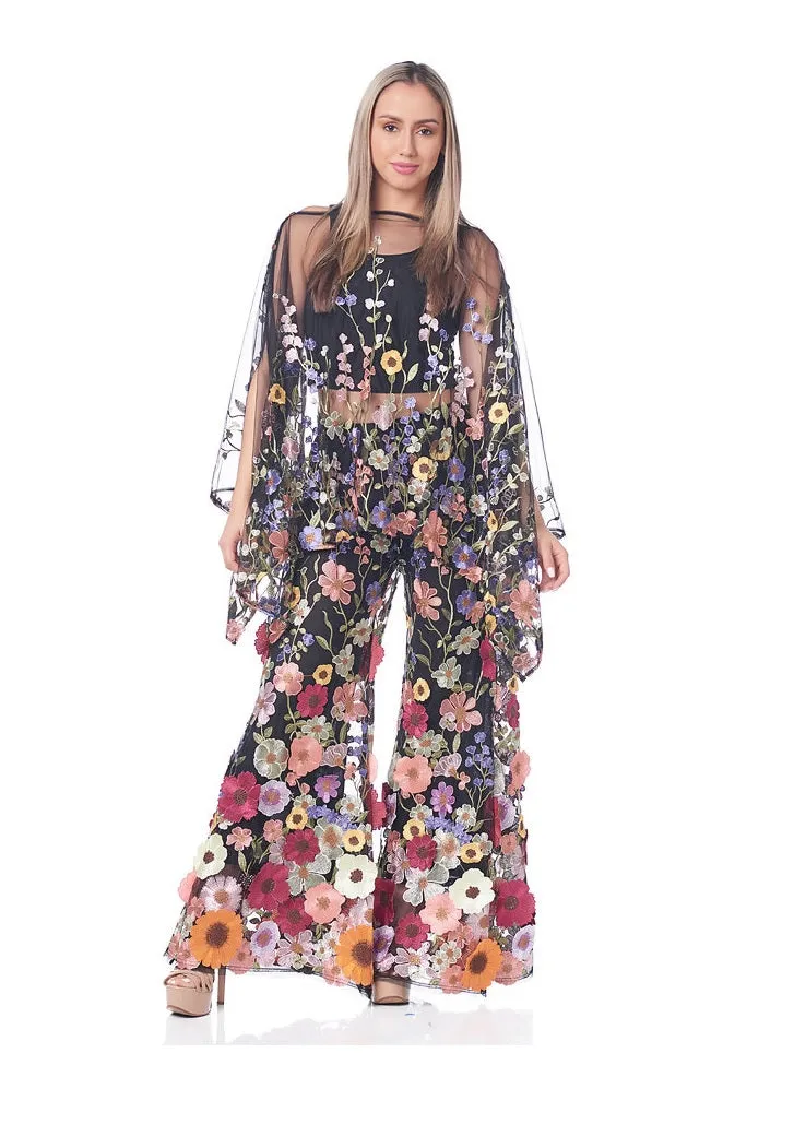 Mesh Floral Scarf Pant Suit