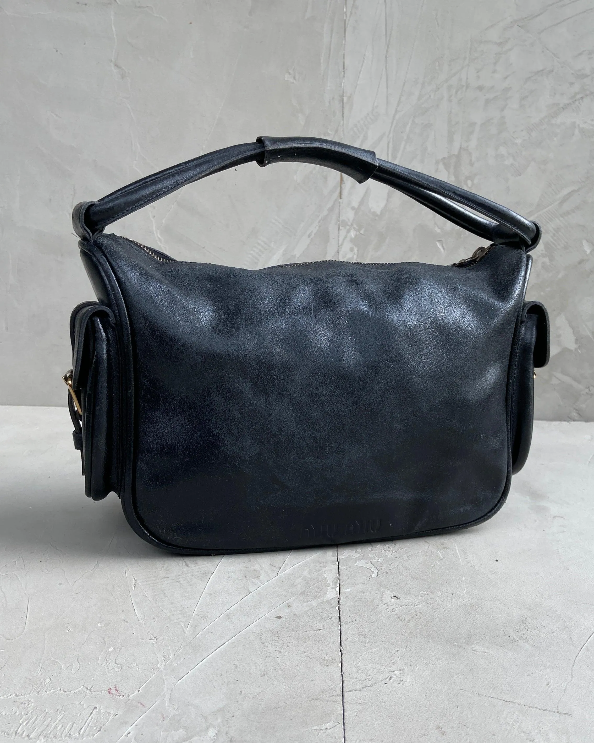 MIU MIU 2000'S BLACK LEATHER MULTI-POCKET SHOULDER BAG