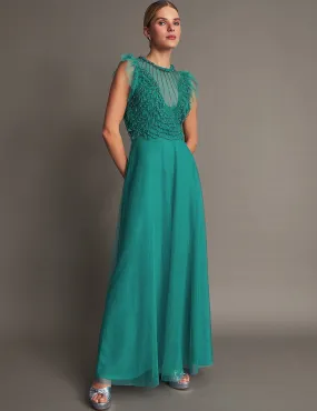 Monsoon Women's Embellished Ruffle Maxi Waisted Dress - 6 - Green Mix, Green Mix