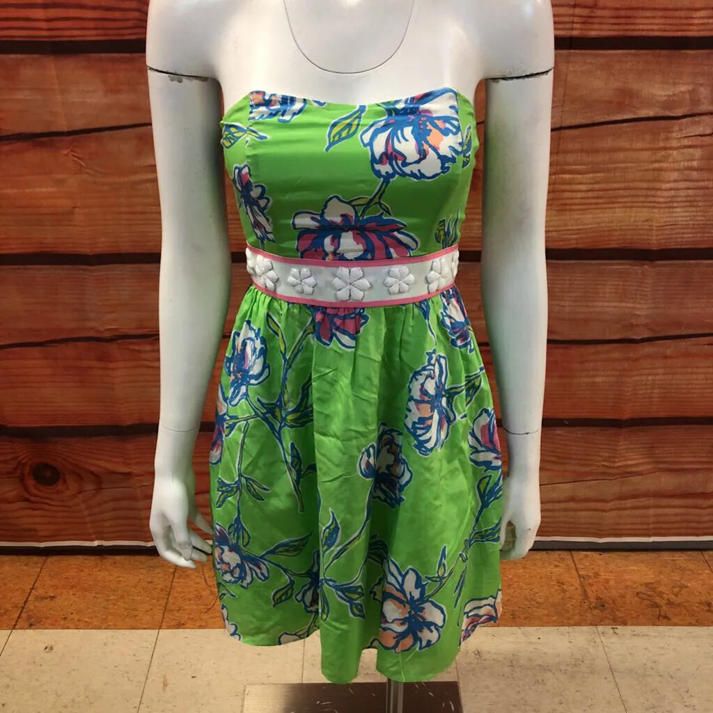 NWOT LILLY PULITZER GREEN FLORAL STRAPLESS SILK BLEND DRESS SIZE