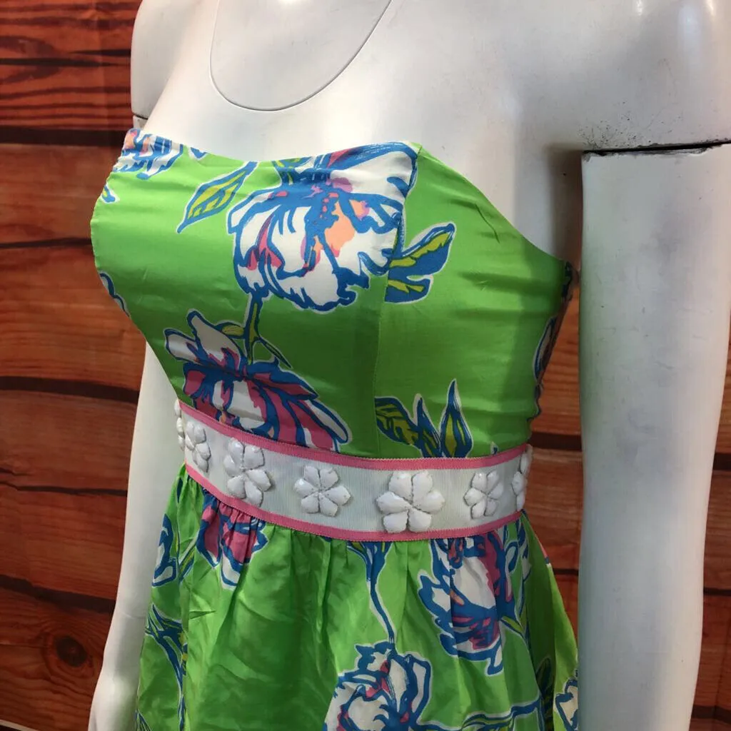 NWOT LILLY PULITZER GREEN FLORAL STRAPLESS SILK BLEND DRESS SIZE