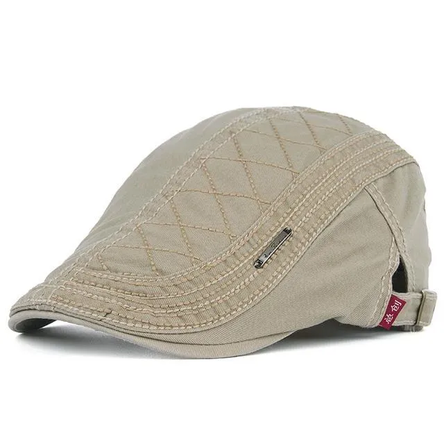 Peaked Autumn Casual Beret Hats Grid Embroidered Cotton Caps for Men