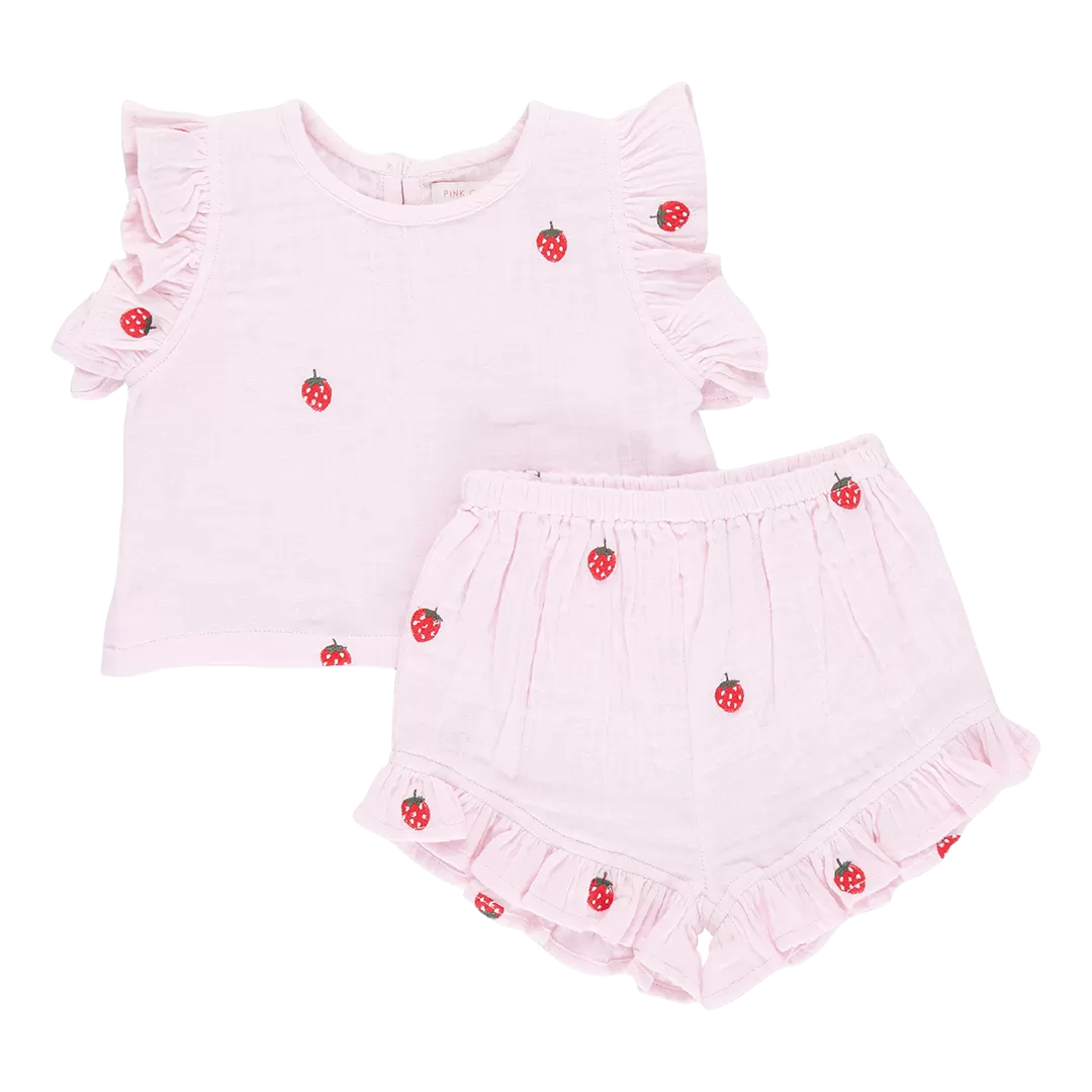 Pink Chicken Baby Girls Roey 2-Piece Set - Strawberry Embroidery