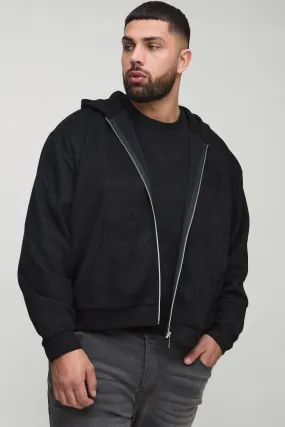 Plus Oversized Boxy Zip Thru Faux Suede Hoodie