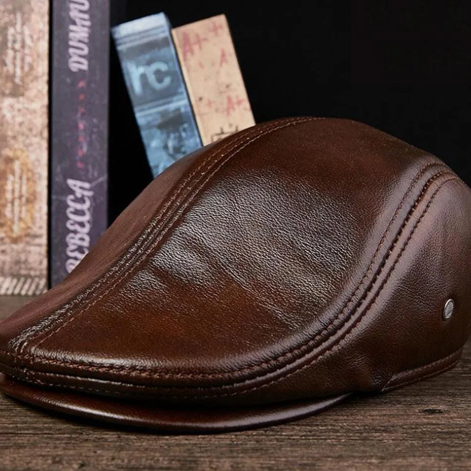 Real Leather Flat Cap - Duckbill Style Hat