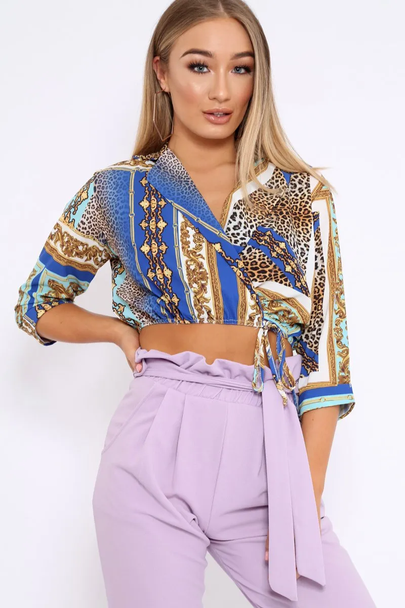 Royal Blue Scarf Print Plunge Crop Top - Dorie