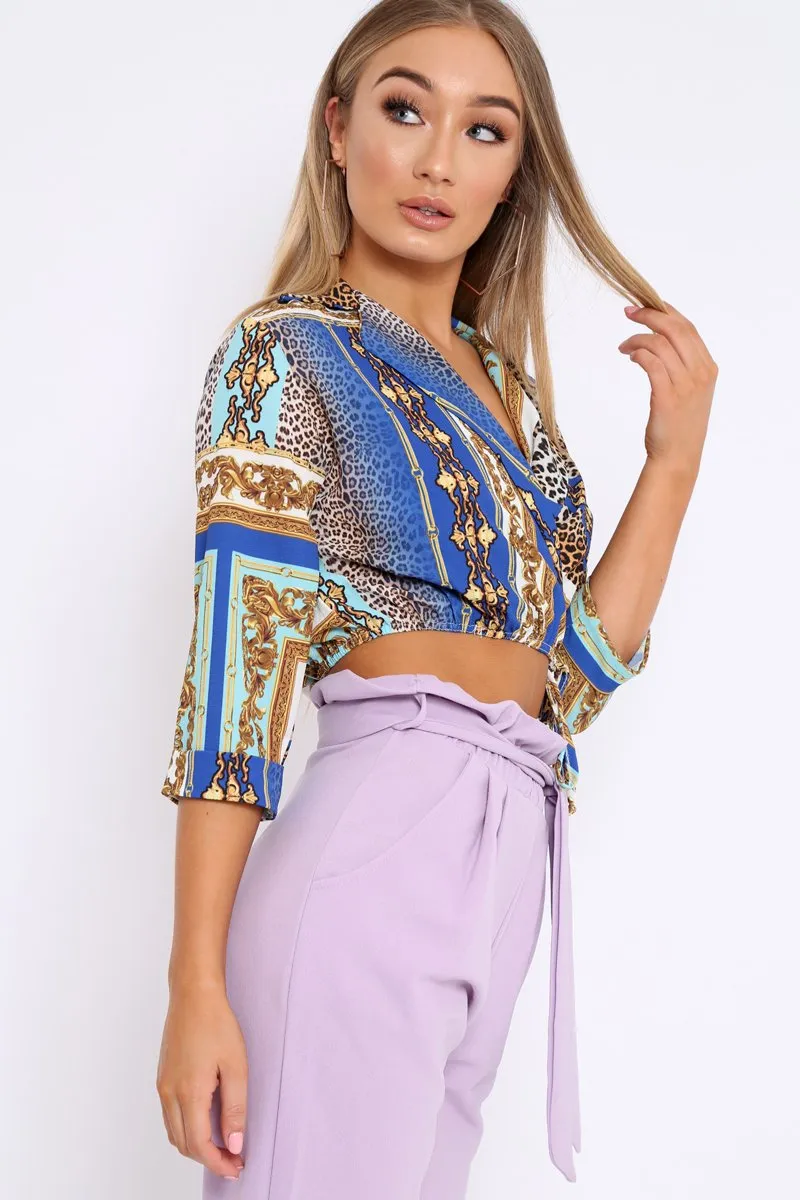 Royal Blue Scarf Print Plunge Crop Top - Dorie