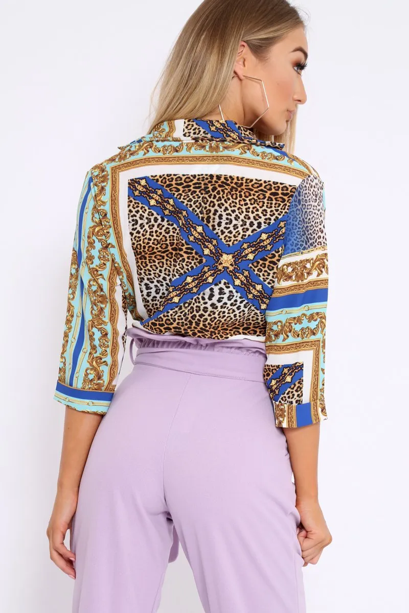 Royal Blue Scarf Print Plunge Crop Top - Dorie