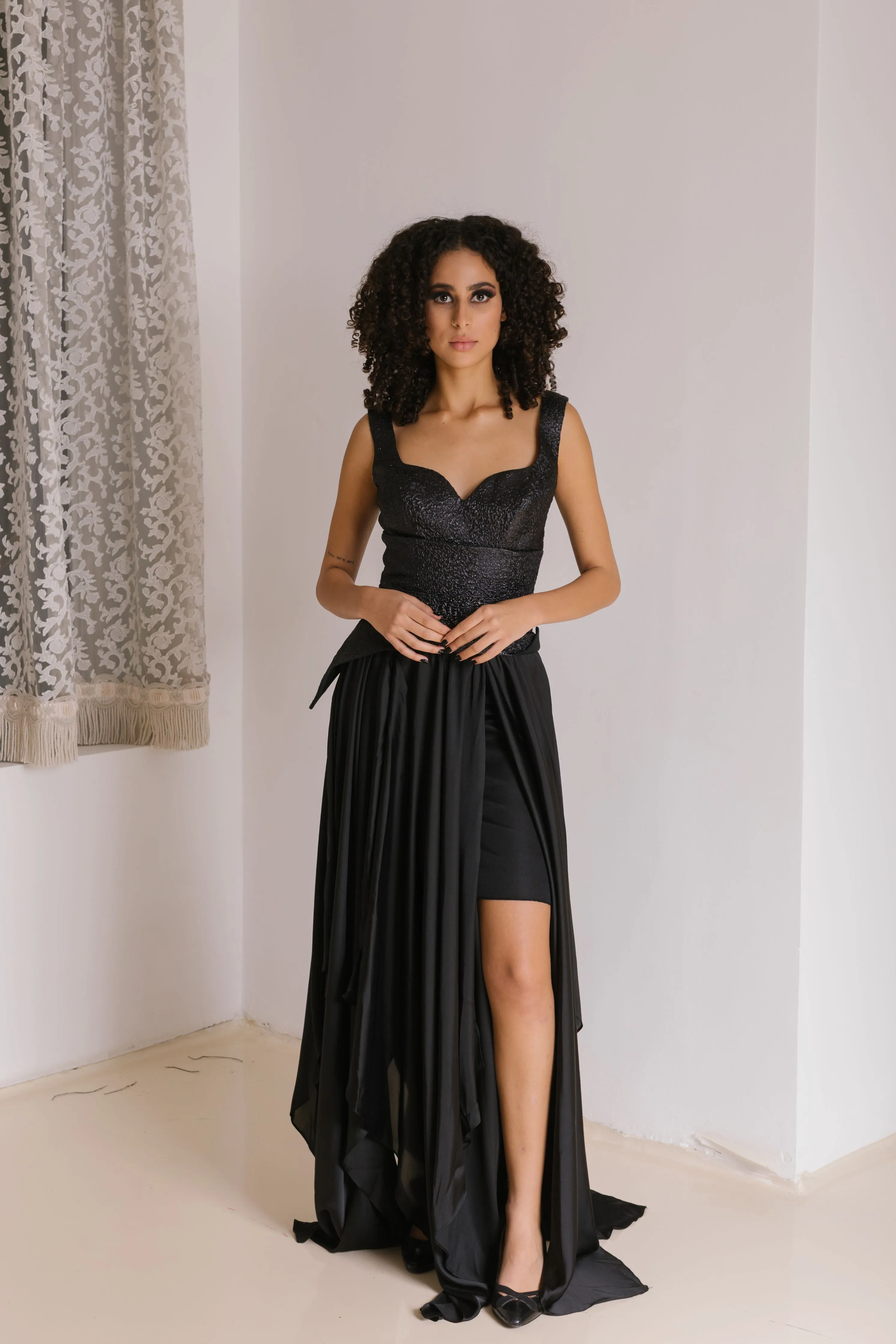 Satin Dress with Belt in Black