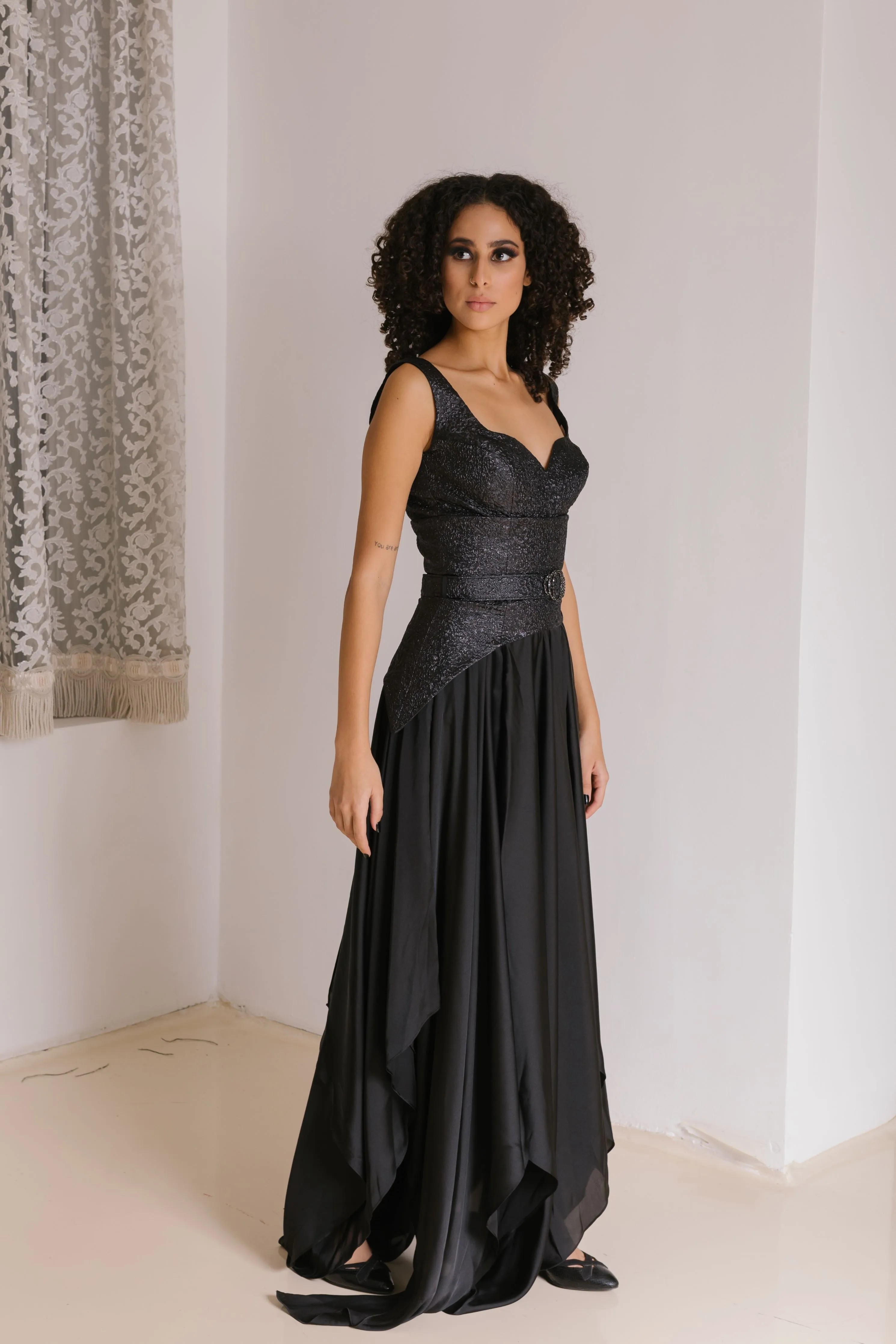 Satin Dress with Belt in Black