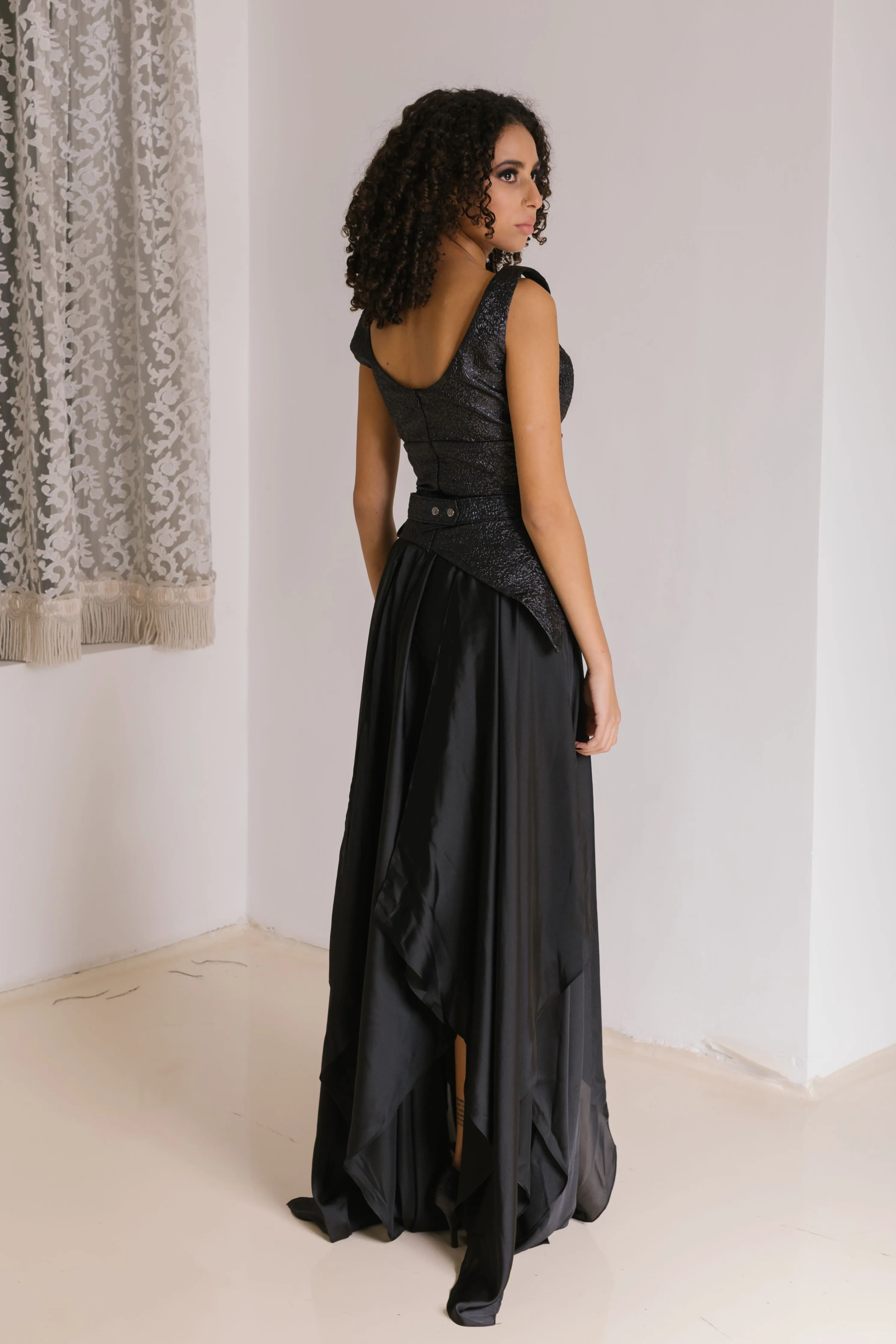 Satin Dress with Belt in Black