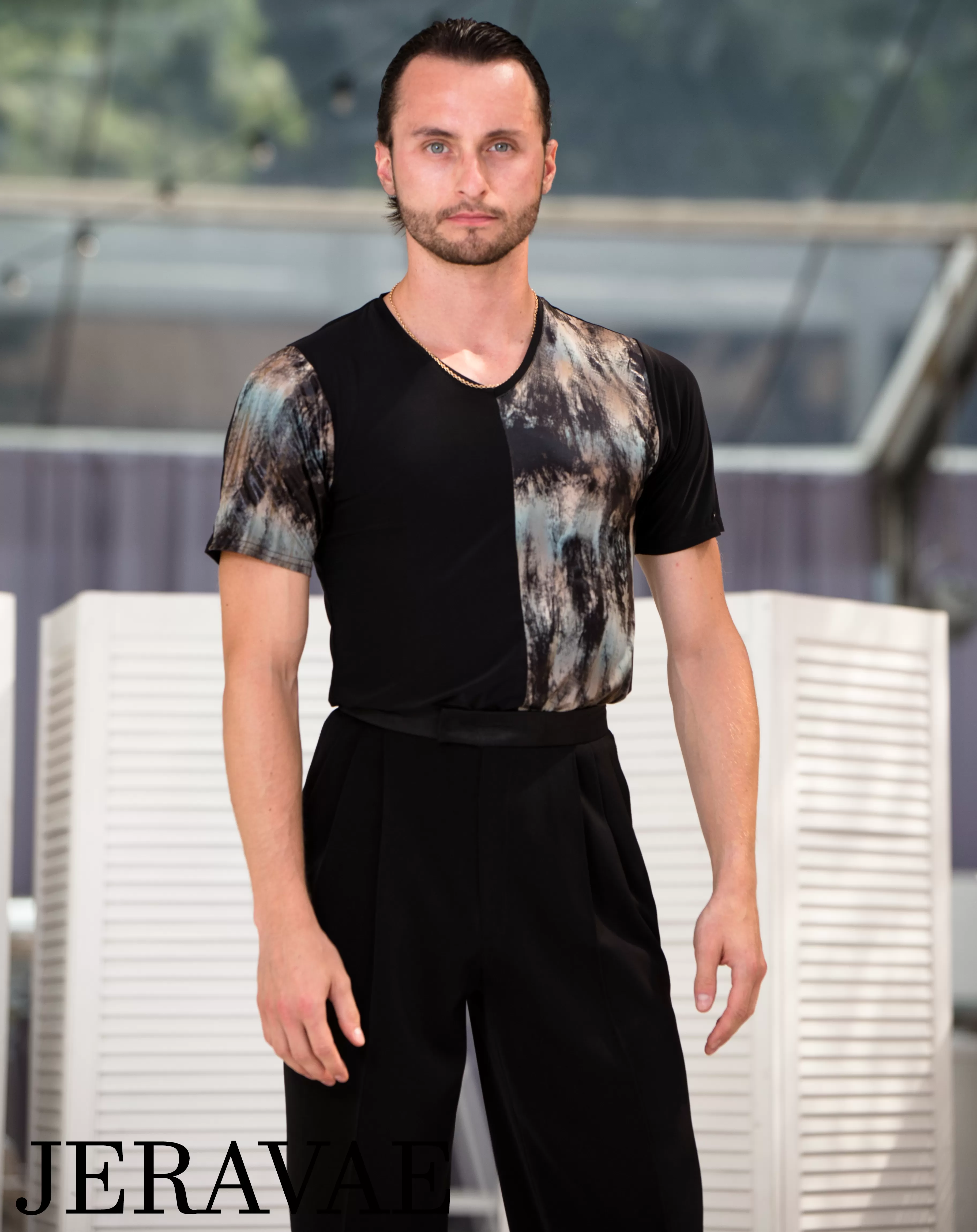 Senga Dancewear LHOTSE Men's Black Short Sleeve Tuck Out Style Latin Shirt with V-Neckline and Colorful Inserts M076 in Stock