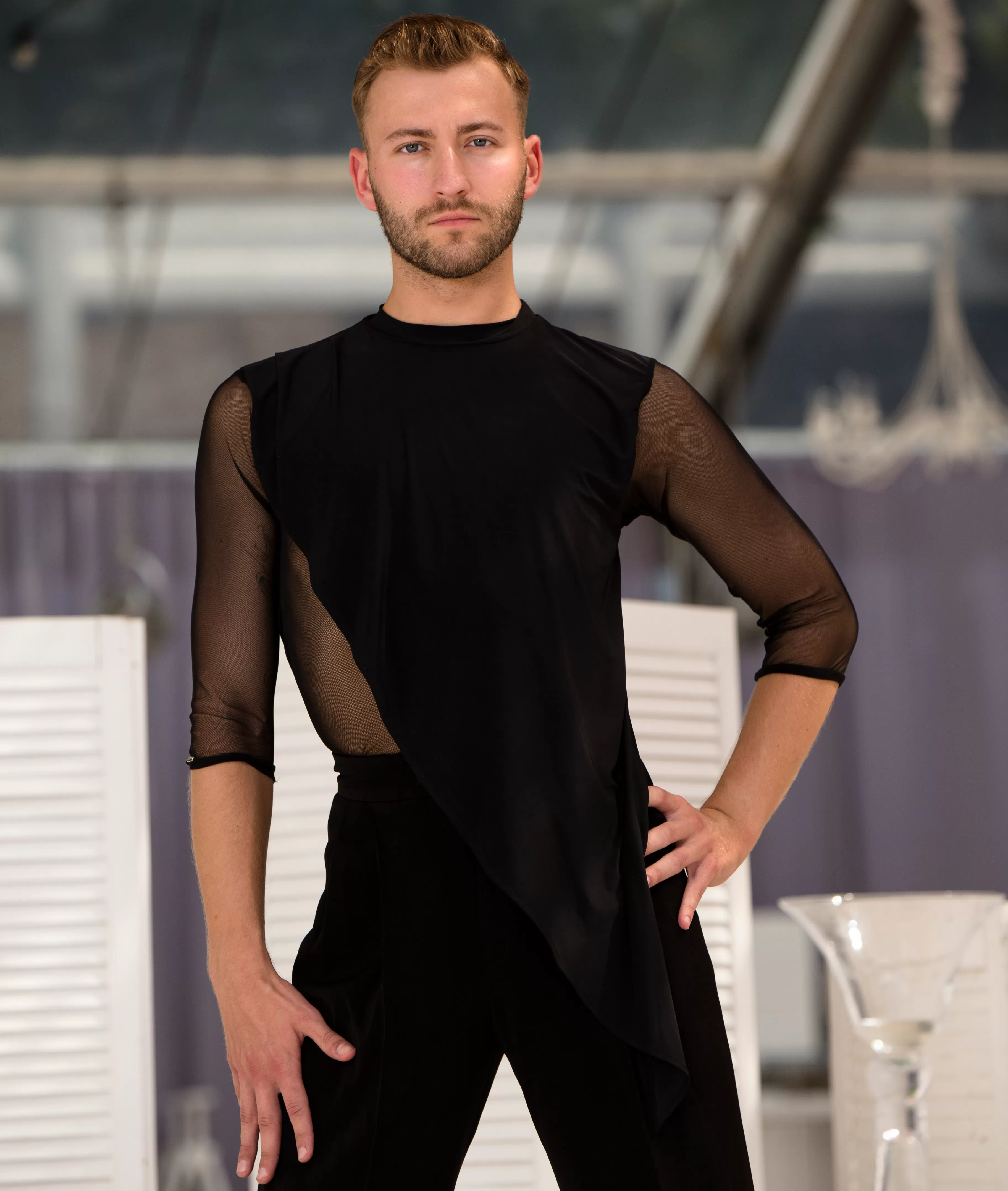 Senga Dancewear SHISPARE Black Tuck Out Style Latin Shirt with Loose Angle Cut Material Over Mesh Front and Sleeves M075 in Stoc