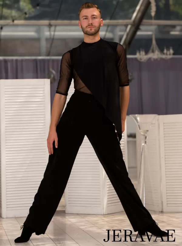 Senga Dancewear SHISPARE Black Tuck Out Style Latin Shirt with Loose Angle Cut Material Over Mesh Front and Sleeves M075 in Stoc