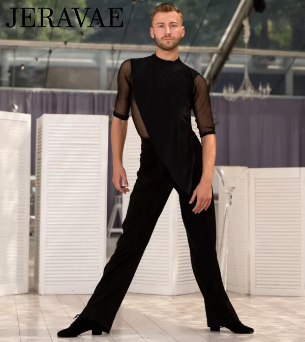 Senga Dancewear SHISPARE Black Tuck Out Style Latin Shirt with Loose Angle Cut Material Over Mesh Front and Sleeves M075 in Stoc