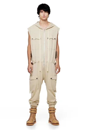 SLEEVELESS HOODIE JUMPSUIT IN BONE