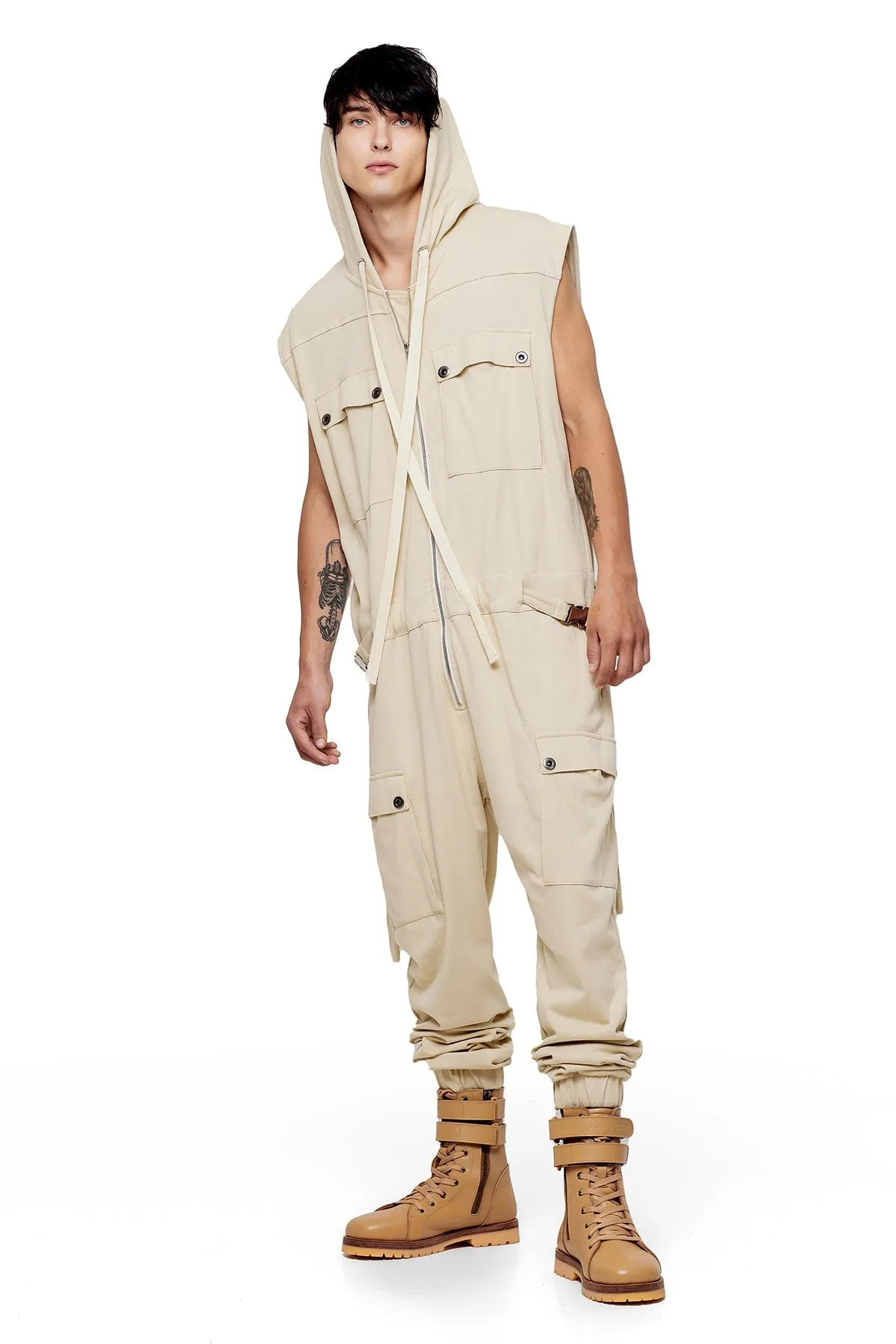 SLEEVELESS HOODIE JUMPSUIT IN BONE