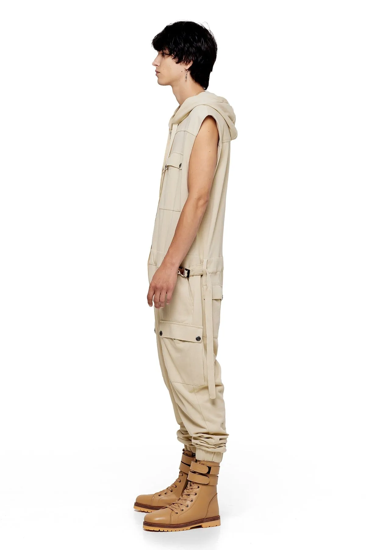 SLEEVELESS HOODIE JUMPSUIT IN BONE