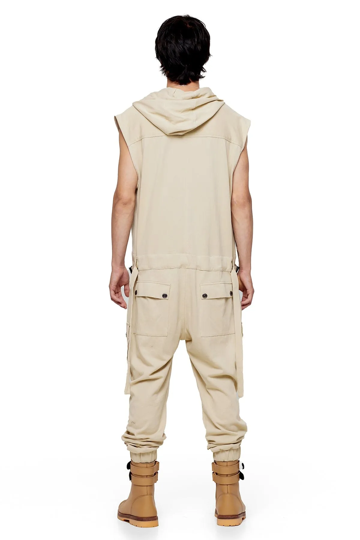 SLEEVELESS HOODIE JUMPSUIT IN BONE