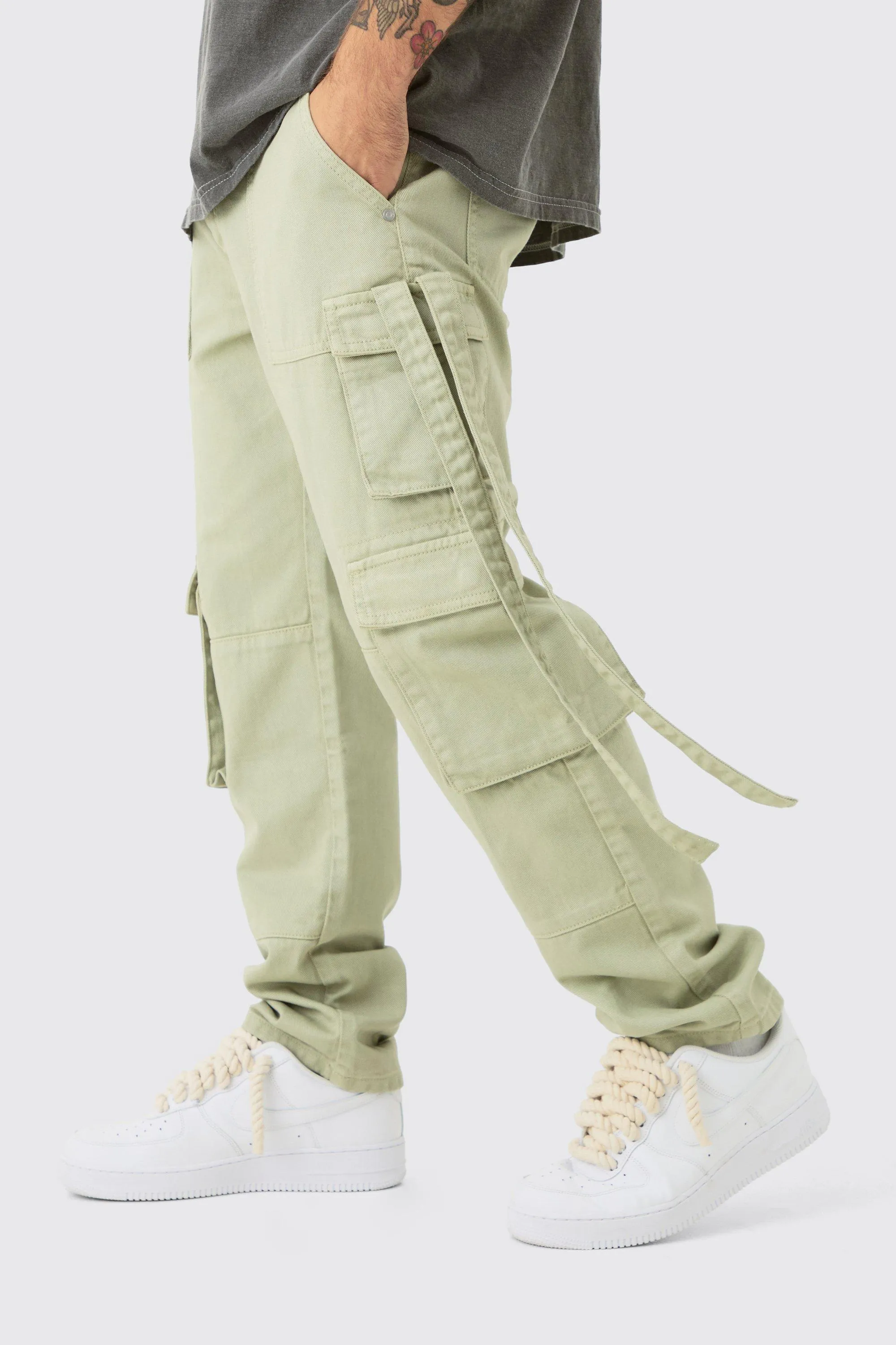 Straight Rigid Multi Pocket Overdye Cargo Jean In Khaki | boohooMAN UK