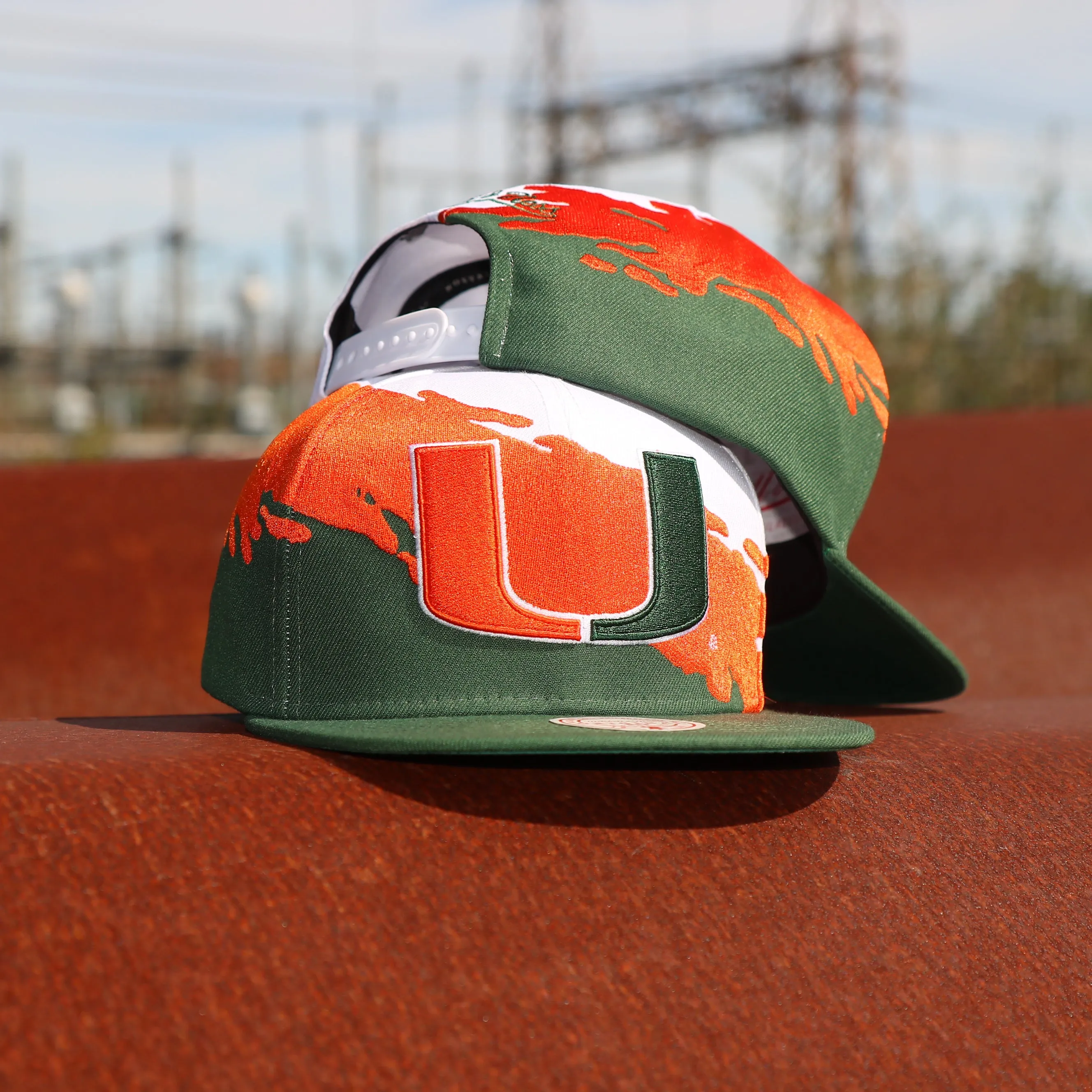 University of Miami Hurricanes Vintage Retro Paintbrush Mitchell and Ness Snapback Hat | Orange/Green/White