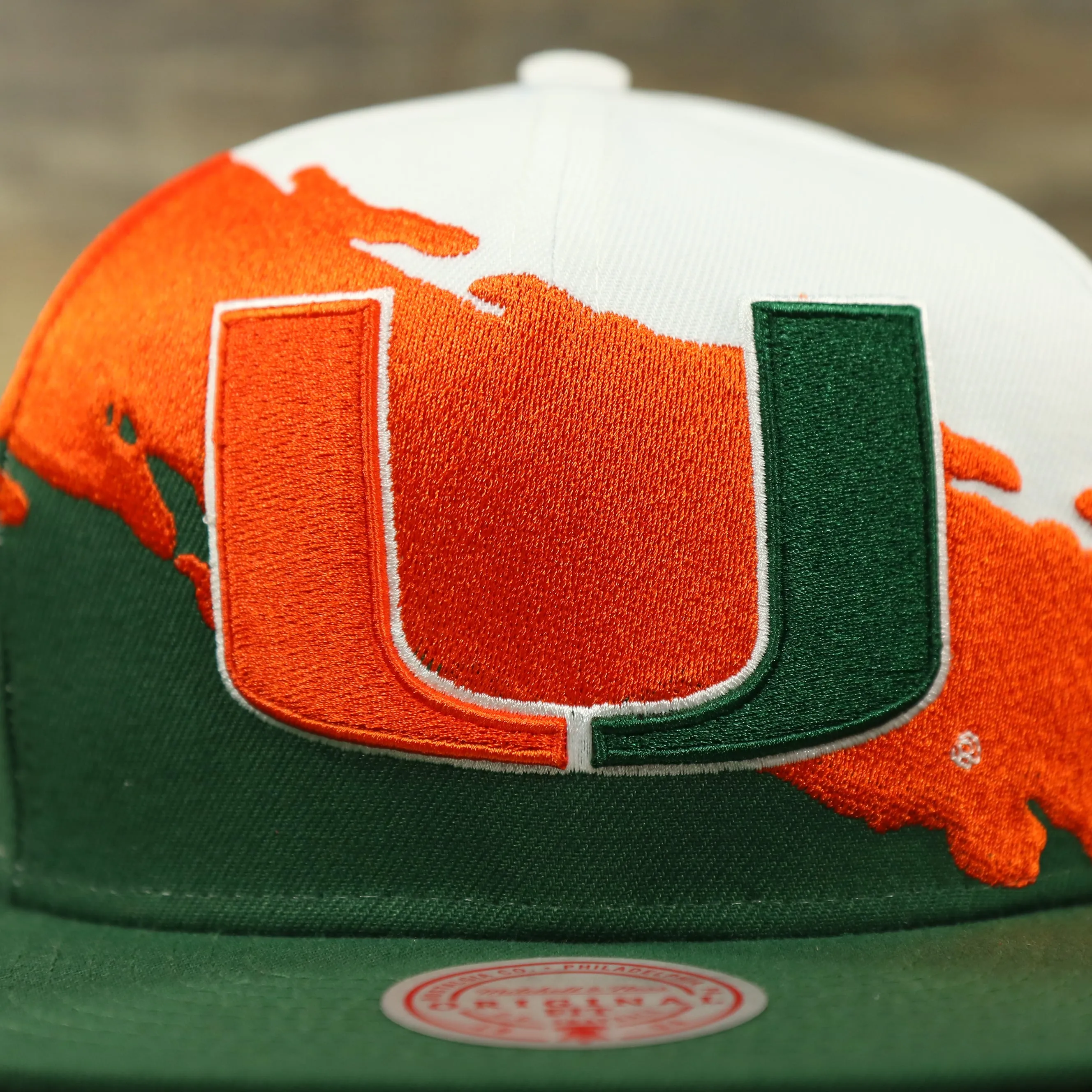 University of Miami Hurricanes Vintage Retro Paintbrush Mitchell and Ness Snapback Hat | Orange/Green/White