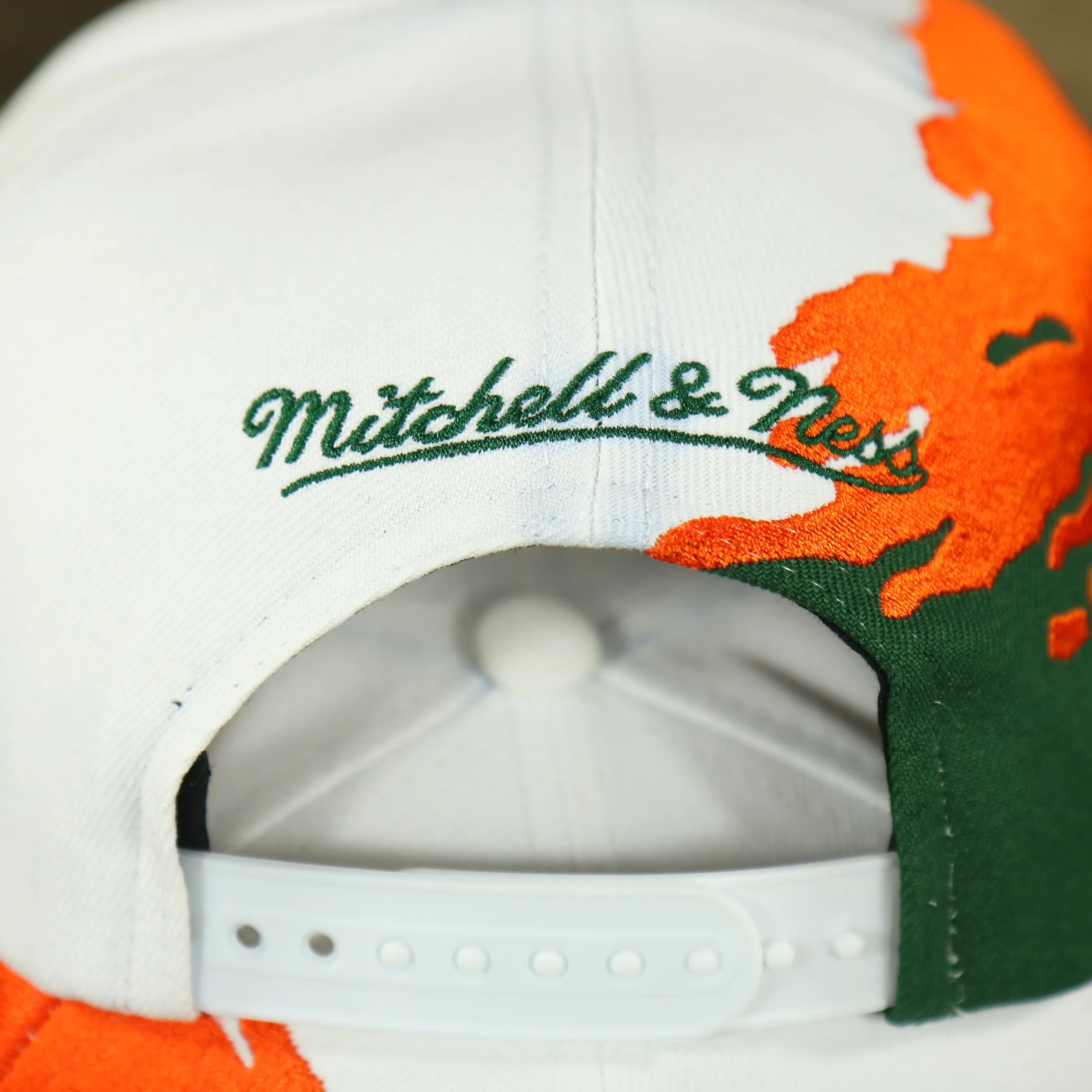 University of Miami Hurricanes Vintage Retro Paintbrush Mitchell and Ness Snapback Hat | Orange/Green/White