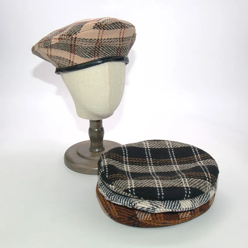 Vintage Women's Plaid Dress Up Painter Adjustable Rope Flat Berets Hat